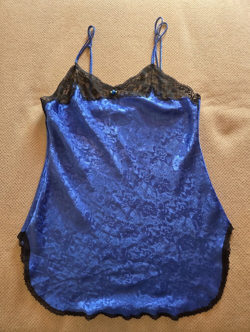 Vintage Val Mode Lingerie Slip Dress Womens Large Royal Blue Floral Black Lace